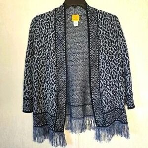 Ruby Rd Womens Large Leopard Fringe Blue Metallic Silver Thread Cardigan Sweater